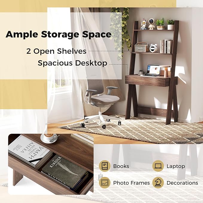 Tangkula Ladder Desk with Countertop & Drawer, Home Office Computer Laptop Table with Open Shelves & Anti-Tip Kits, Wall-Leaning Compact Working Station for Small Spaces (Walnut)