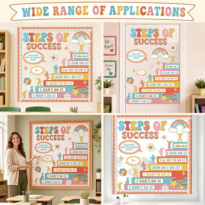 Motivational Bulletin Board Decorations Set Back to School Positive Classroom Decor Steps of Success Paper Cutouts Educational Sayings Accents for School Door Wall Chalkboard Decor Supplies (Groovy)