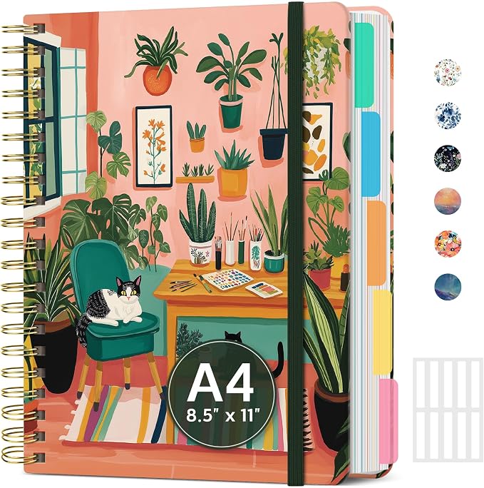 Large Spiral Lined Notebooks for Work with Removable Dividers & Tabs, 8.5"x11" Pretty Hardcover 5 Subject Notebook Journal for Women, College Ruled, Perfect for Study & Office Organization, 280 Pages,Creative Corner