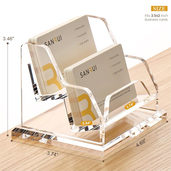 YUXUN Business Card Holder for Desk, Acrylic Business Card Display Stand with 2 Slot, Office Desk Accessories for Man &Woman,100 Cards Capcity, Clear