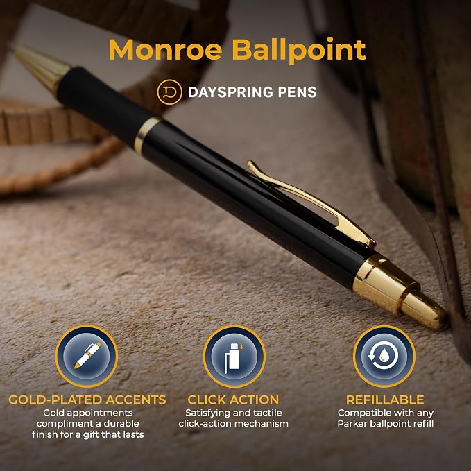Dayspring Pens Monroe Black Ballpoint Pen, 18K Gold Accents, Click Action — Professional Desk Pen or Office Gift, Gift Box Included