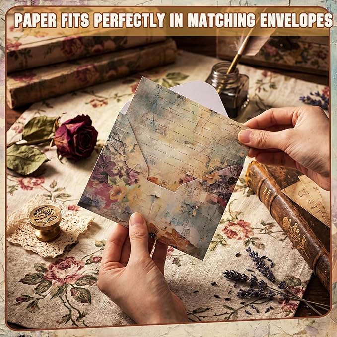 TaoBary 160 Pcs Stationery Paper Kit 50 Double Sided Stationery Papers with 50 Matching Envelopes and 60 Round Dot Sticker, 10 Design (vintage Floral, 8.25 x 5.5 Inch)