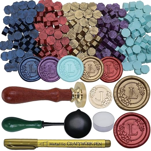 Initial Alphabet Wax Seal Stamp Set, Retro Letter L Sealing Stamp with 150Pcs Sealing Wax Beads in 5 Color, Melt Non Stick Spoon Pen Kit for Wedding and Christmas (L)
