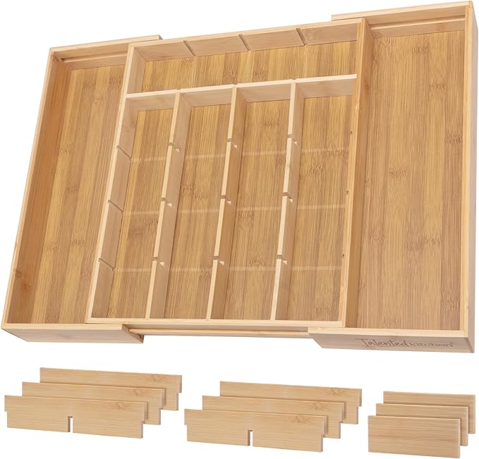 Talented Kitchen Expandable Silverware Drawer Organizer - Adjustable Bamboo Dividers for Cutlery & Utensils, Removable Sections, Space-Saving Kitchen Drawer Storage, Versatile, Durable, Natural Finish