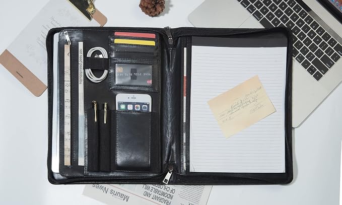 AZXCG Leather Portfolio with Zipper, Embossed PU Leather Padfolio Folio, Professional Business Document Organizer with A4 Letter Sized Writing Pad Holder(Black)