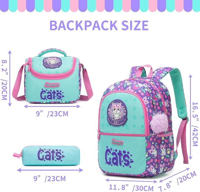 Girls School Backpack for Kids Ages 6-8,Backpack for Girls Cute Cat Lightweight Bookbag Perfect Back to School Gift for Kids with Lunch Box Pencil Case