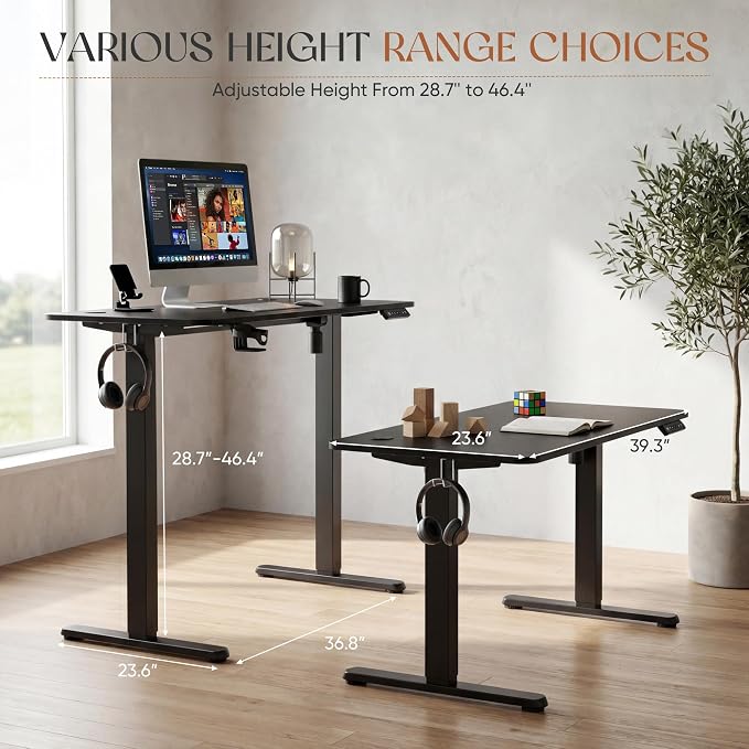 Furmax Electric Standing Desk, 40 x 24 Inches Height Adjustable Sit Stand up Desk, Memory Preset Computer Home Office Desks with Sturdy Metal Frame, Phone Stand Cable Management Hole (Black, 40'')