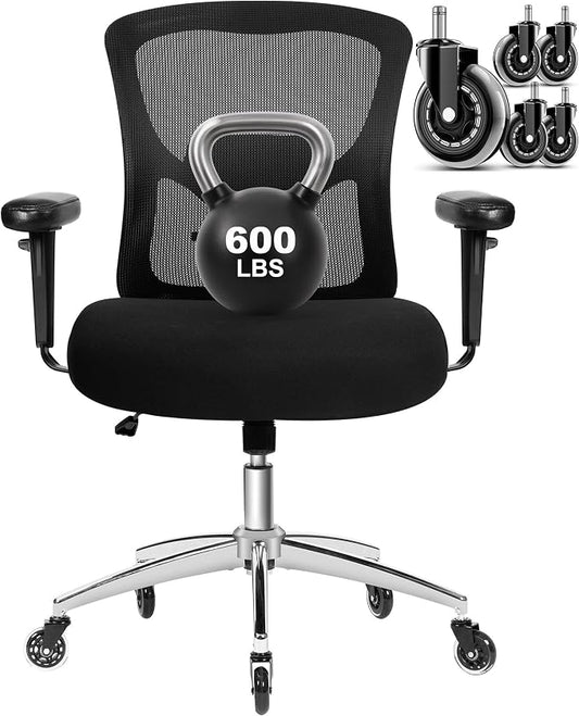 Big and Tall Office Chair 600lbs, Heavy Duty Ergonomic Mesh Chair, Computer Executive Desk Chair with Wide Thick Seat, Adjustable Armrests, Lumbar Support (Black, 601LBS) (Black, 601LBS)