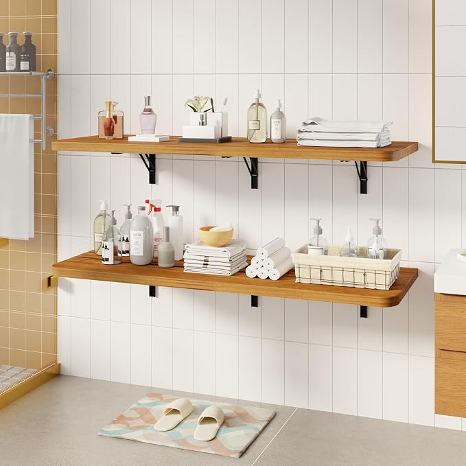 Dogsky Floating Wall Desk, 48" x 16" Wall Mounted Folding Table, Pine Wood Fold Down Wall Table, 300 lb Capacity Wall Mount Desk for Small Apartment, Laundry Room,Kitchen,Bar & Computer,Burning Yellow