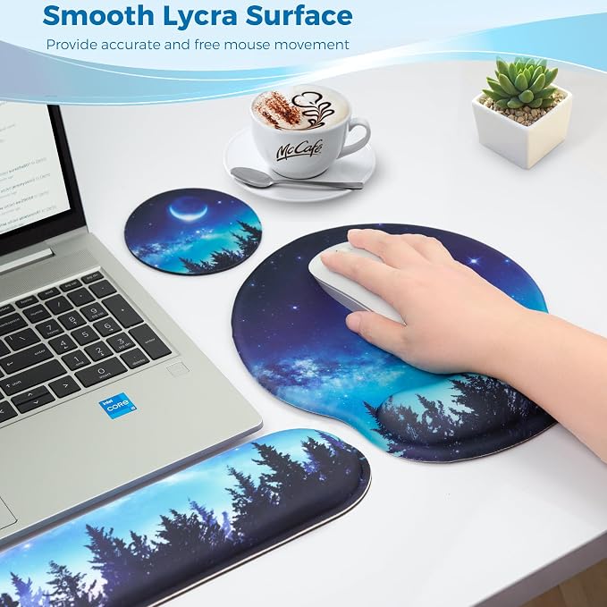 Mouse Pad and Keyboard Wrist Rest Support, with Non-Slip PU Base,Gel Mouse Pad with Coaster,Pain Relief for Gaming, Computer,Office -Forest Moon