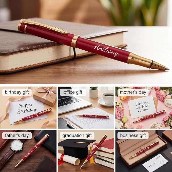 Ancolo Engraved Pens Fancy Roller Pens with 5 Gfit Box 10 extra Black Refills Metal Body Engraved with Your Message Personal Names Phone Number, Gift for Men Women