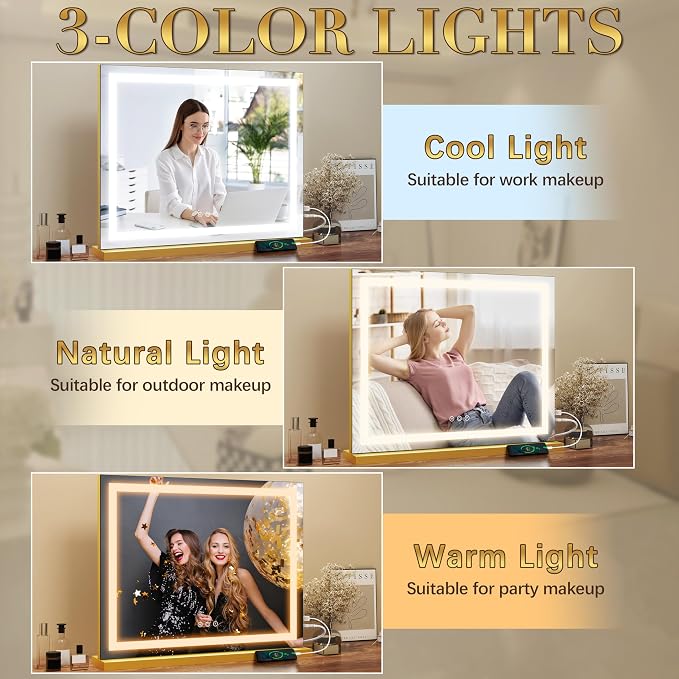 ROLOVE Gold Vanity Mirror with Lights 23x18 Inch, 3-Color Dimmable LED & Touch Control - Large Makeup Mirror for Dressing Room (Wall/Tabletop Mount)