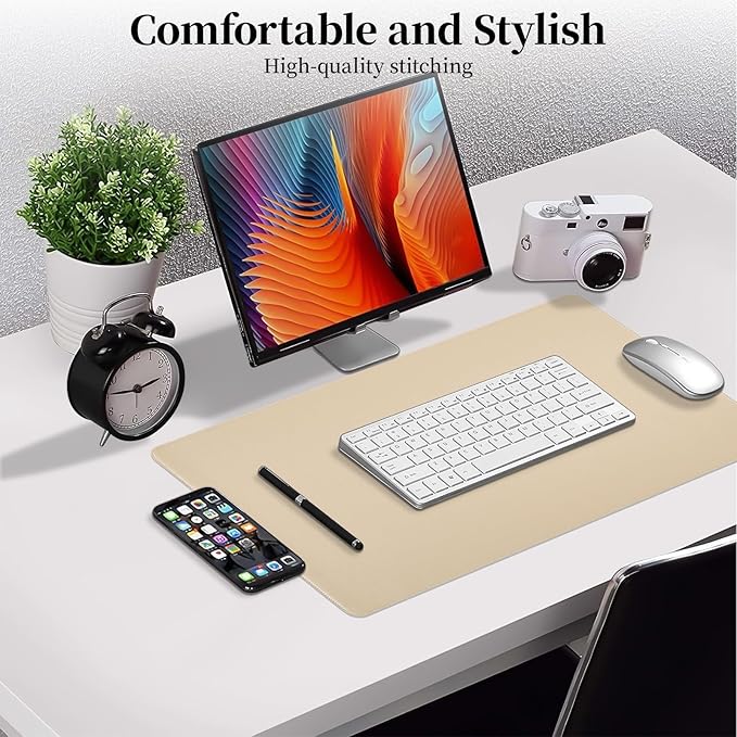 Leather Desk Pad, Desk Matt for Desktop, Non-Slip Keyboard and Mouse Pad, Waterproof Computer Desk Protector Mat, Beige Desk Accessories for Women, 23.6"x13.7"