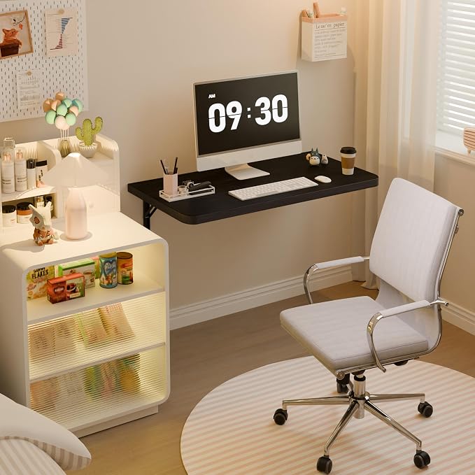 Dogsky Floating Wall Desk, 24" x 14" Wall Mounted Folding Table, Pine Wood Fold Down Wall Table, 100 lb Capacity Wall Mount Desk for Small Apartment, Laundry Room,Kitchen,Bar & Computer Use, Black