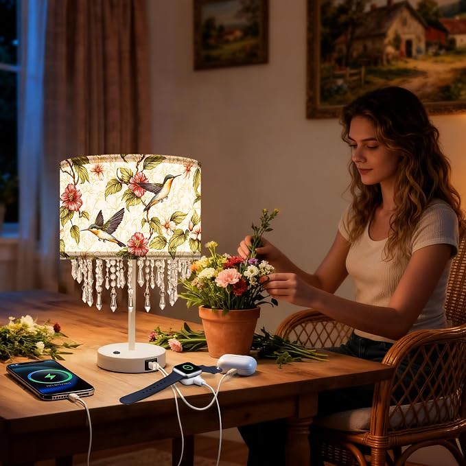 Smart Table Lamp with Hummingbird Fabric Shade & Acrylic Droplets, Dimmable E26 LED Bulb Included, Bedside Desk Lamp with USB C & AC Outlet , App & Voice Control, Works with Alexa & Google Assistant