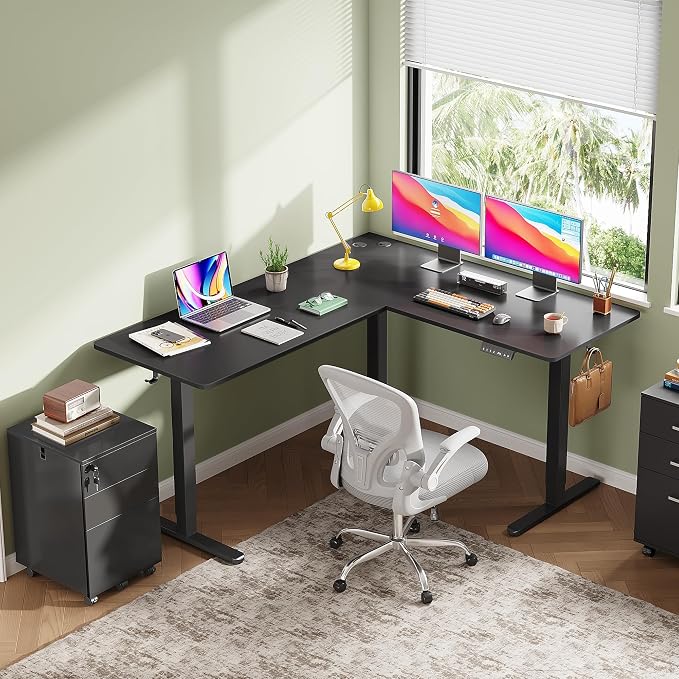 DEVAISE 63 Inch Standing Desk, L Shaped, Ergonomic Computer Desk, Black | LED Touchscreen, Headphone Hook, 3 Memory Preset, Home Office