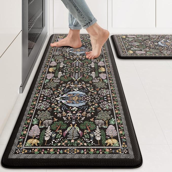KIMODE Anti Fatigue Kitchen Mats for Floor 2 Piece, Black Vibrant Floral Kitchen Rugs 17"x47"+17"x29", Non Slip Waterproof Kitchen Floor Mats, Standing Mats for Laundry Office Sink Desk
