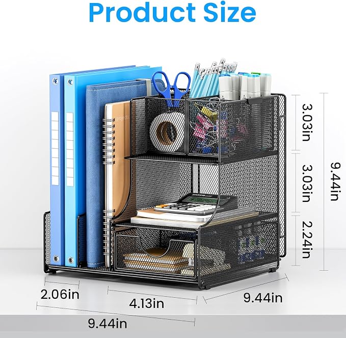 Lavatino Desk Organizer – 4-in-1 Black Mesh Office Supplies Organizer with Pen Holder, File Holder, Desktop Tray, and Drawer for Home, Office, Classroom