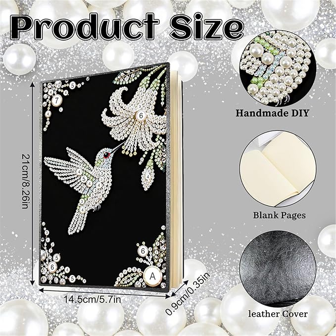 FRANDEK Pearl Painting Notebook Kit, Bird Flower A5 DIY Journal with 50 Blank Pages, Diamond Gem Art Cover with Waterproof Canvas, Beginner Craft Set with Full Tools for Adults