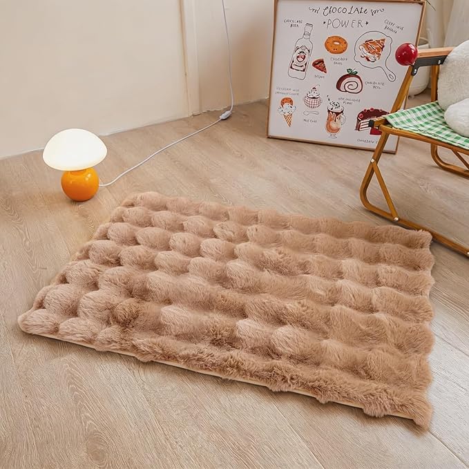 Coffee Rabbit Plush Rug 2'x3', Fluffy Shaggy Area Rug for Nursery & Kids Room, Faux Fur Carpet for Girls Bedroom, Living Room, Teen Decor