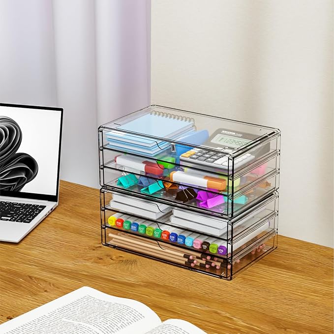2 Pack Acrylic Storage Drawers With 6 Drawers,Stackable Desk Organizer and Makeup Organizer,Large Clear Office Supplies Organizer for Pen,Stationary,Palettes,Arts Craft Organizers and Storage