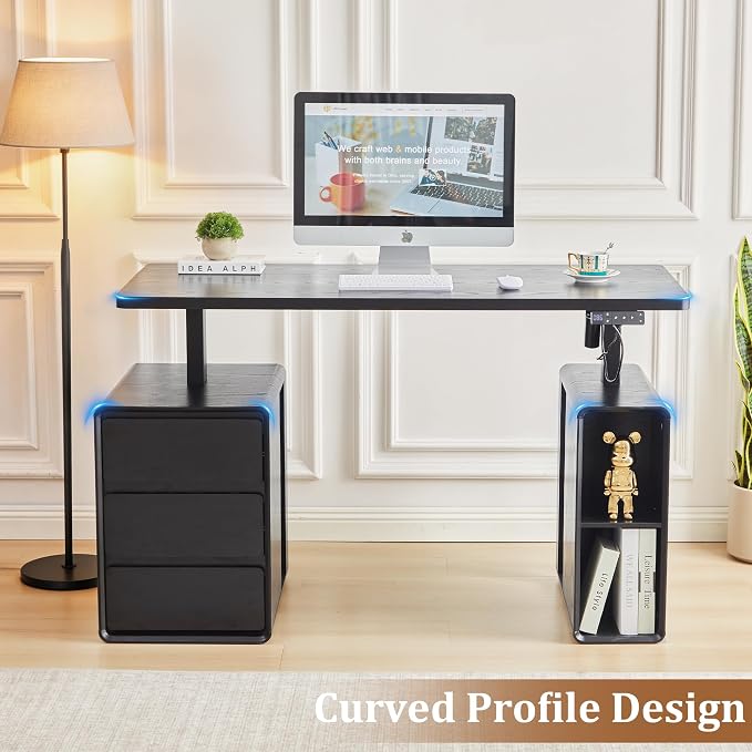 Electric Standing Desk with Drawers, 55" Office Desk Height Adjustable Executive Desk with Storage Shelves, Simple Setup Wood Desk Home Office Stand up Desk for Work, Study, Writing, Black