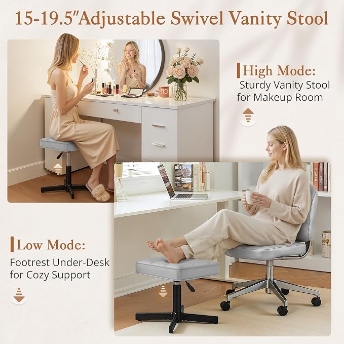 LUE BONA Adjustable Vanity Stool, 15''-19.5'' Foot Rest Under Desk, 360° Swivel Vanity Chair for Makeup Room, Silver Upholstered Faux Leather Ottoman for Bathroom & Living Room, 300lbs