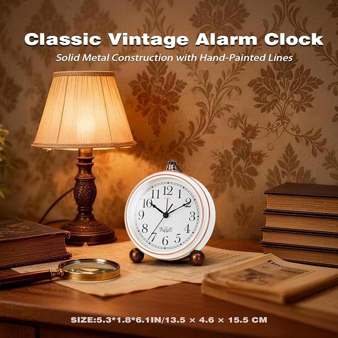 AYRELY® 5.3" Vintage Metal Analog Alarm Clock, Retro Desk and Table Clock | Antique Battery Operated Clock with Light, Elegant Bedside Gift for Bedrooms, Living Rooms, Shellf and Home Decor (White)