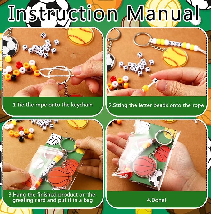 Suncalla 984 Pcs 24 Set Sport Keychain Making Kit DIY Basketball Football Soccer Volleyball Baseball Bead Keychain Crafts Adjustable Letter Beads Card Strings Kit Sport Party Favor Gift Accessories