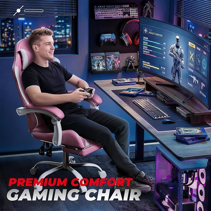 Auto Dynasty Ergonomic Gaming Chair, High-Back Office Chair w/Adjustable Lumbar Support, Linkage Armrest, Headrest & Footrest, 350LBS Recliner Swivel Computer Game Racing Chair, Pink/White
