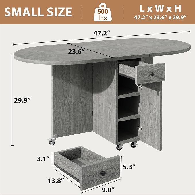 Jocoevol Round Folding Dining Table for 4, Space Saving Drop Leaf Kitchen Table with Storage Drawer, 6 Wheels Oval Gateleg Foldable Dining Table for Small Spaces(Grey 47 * 23.6 * 30)