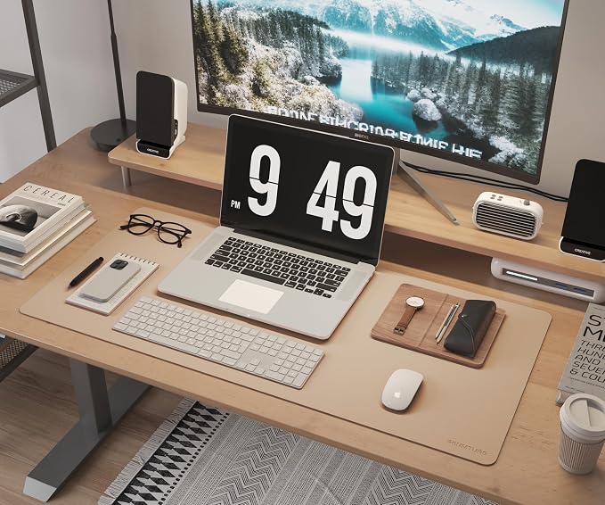 RENMTURE Dual-Sided Large Desk Pad, Faux Leather Natural Cork Mouse pad, Desk Accessories Protector, for Office and Home Work (Off-White, 36"x17")