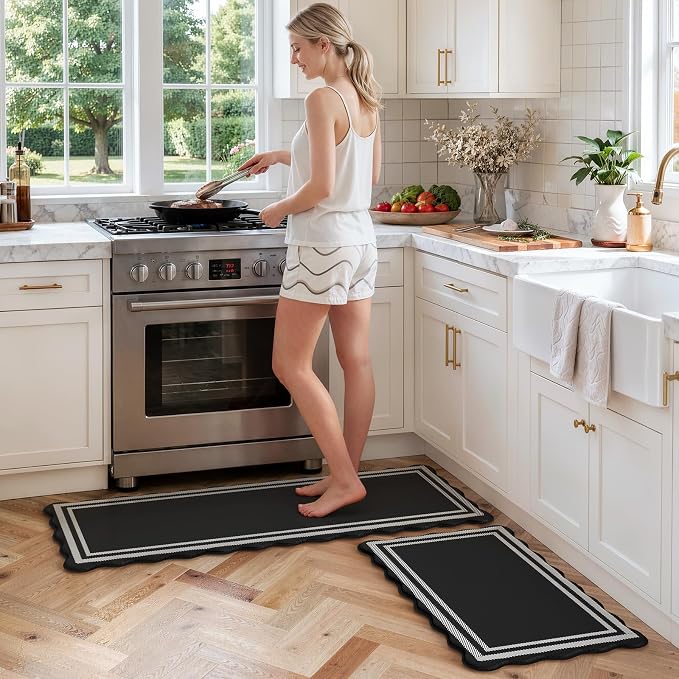 KIMODE Kitchen Mats Cushioned Anti Fatigue,Farmhouse Kitchen Rugs Sets of 2 | Black Scalloped Rugs, Runner Rug Non Slip, Comfort Standing Desk Mat for Laundry Office Bathroom Sink Dorm 17"x47"+17"x29"