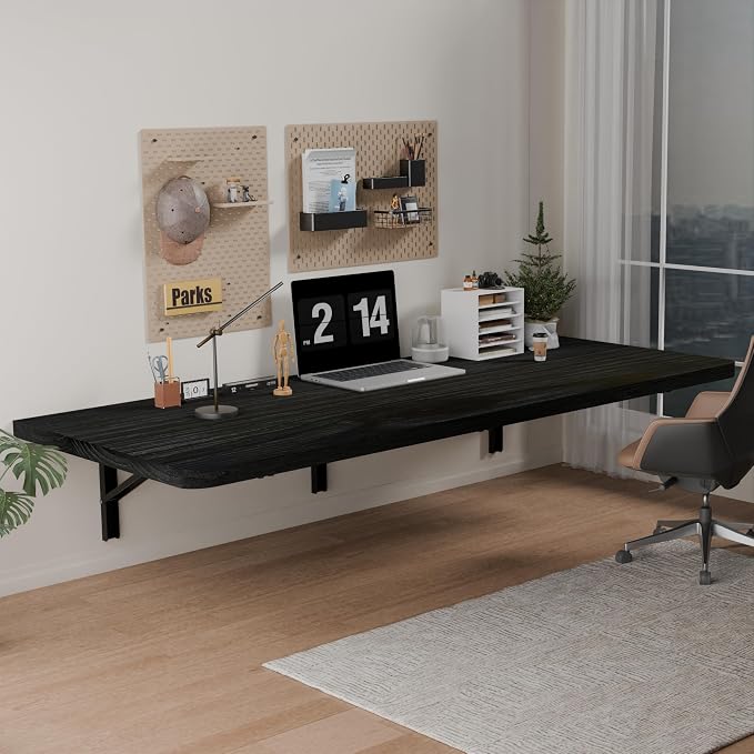 IAE Floating Wall Mounted Folding Table Desk with Pine Wood,55" x 22" Folding Workbench,Fold Down wall Mounted Foldable Table with Shelf Brackets,Laundry Folding Table for Apartment,Home,Kitchen,Black