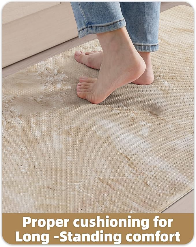 Color&Geometry Kitchen Mats for Floor 24x59 Cream/Beige Marble Design | Non Slip Kitchen Rug, Easy Clean, Oil/Water Proof, 0.4in Anti Fatigue Standing Mat For Sink/Laundry/Office, Home Decor, Wide