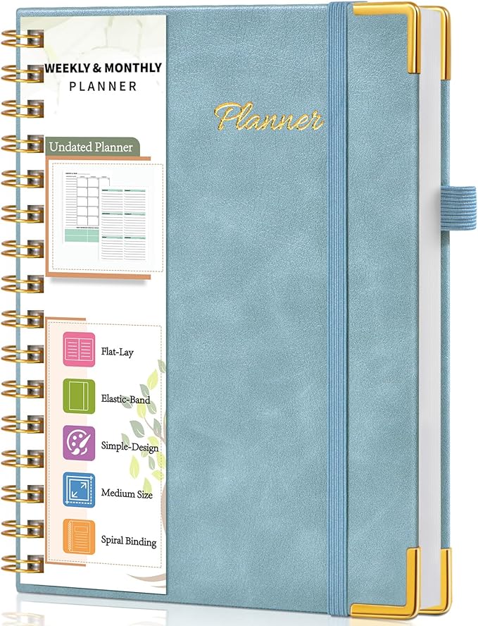 Undated Weekly Planner, Hardcover Leather Weekly & Monthly Calendar Blank Planner, To Do List Notebook with Goal & Habit Tracker Organizer, A5 Daily Planner with Spiral Binding, Ideal for Work School Home, Blue