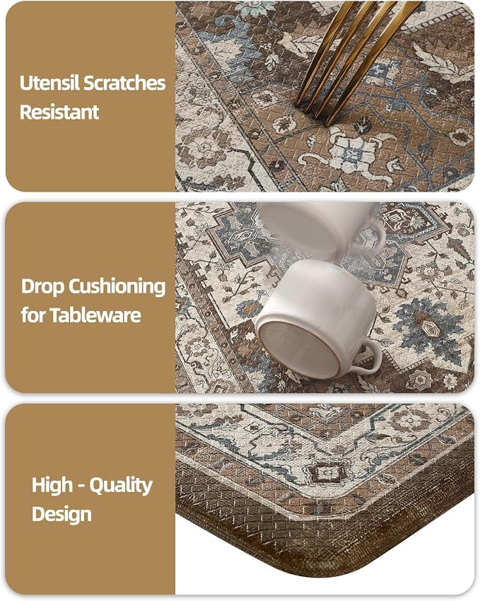 Color&Geometry Kitchen Floor Mat 24x87 Faded Vintage Anti Fatigue, Brown | 0.4in Cushion Standing Mat For Cooking/Working/Laundry, Boho Decor, Non Slip PVC Kitchen Rug, Oil/Water Proof, Anti Slip