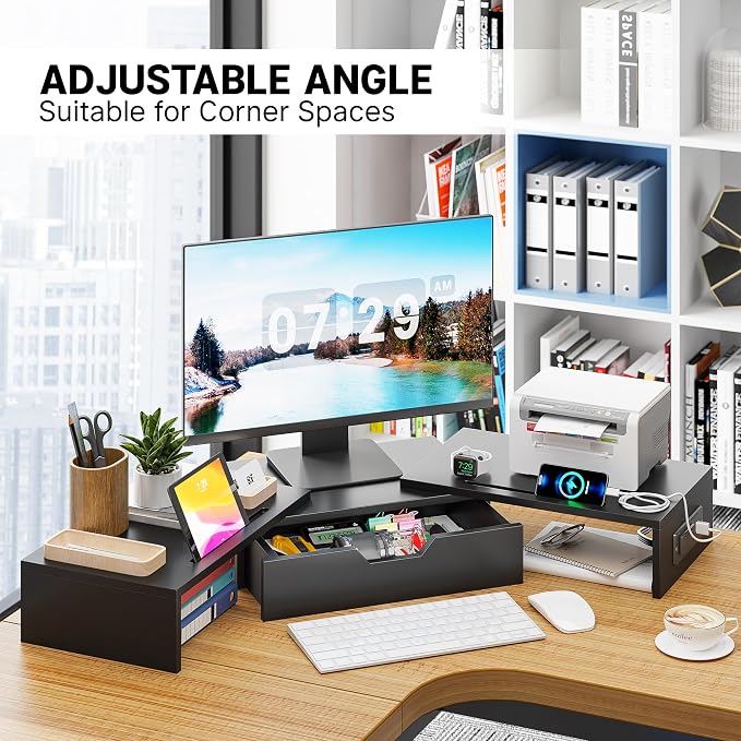Dual Monitor Stand with USB Ports Wood Monitor Stand Riser with Drawer | Adjustable Desk Shelf,Desk Organizer for Computer,Laptop,Study&Office,No Assembly Required,Black