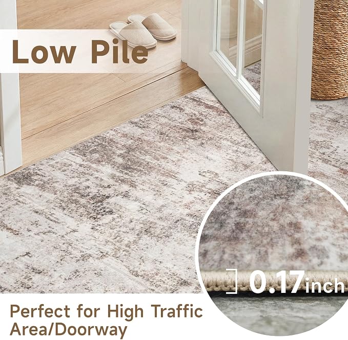 5x7 Area Rugs for Living Room: Abstract Washable Non Slip Bedroom Rug for Nursery Office - Modern Ultra Thin Stain Resistant Soft Low-Pile Throw Carpet for Boho Vintage Home Decor (5X7 Beige-Brick)