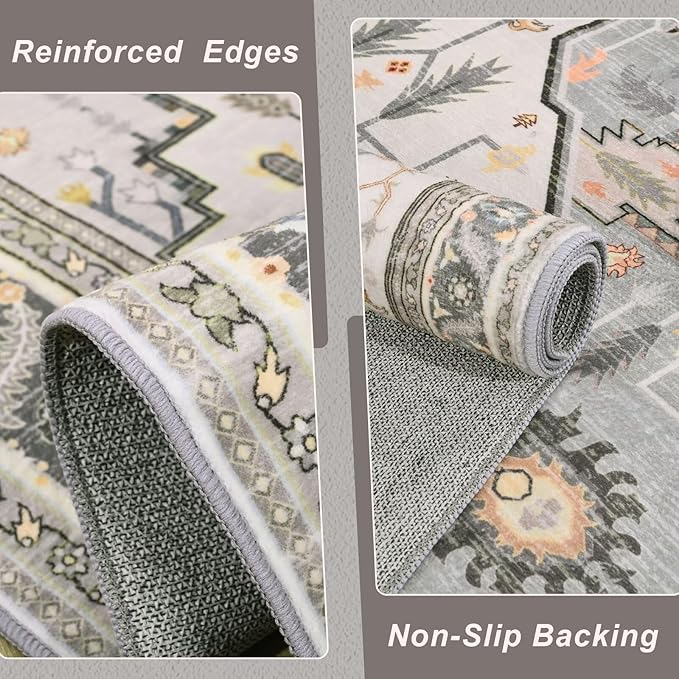 Macgace 3x5 Grey Beige Area Rug for Living Room, Machine Washable Rugs with Non-Slip Backing for Bedroom, Vintage Medallion Carpet Kitchen Laundry Kids Room Decor