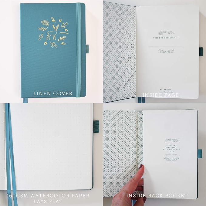 Primrosia A5 Dot Grid Watercolor Journal Notebook – 160 pages I 160gsm Premium Heavy Paper, No Bleed – Luxe Linen Hard Cover (Teal Deer)