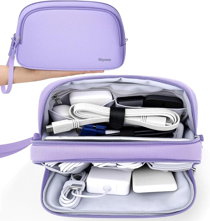 Skycase Travel Cable Organizer - Lightweight Water Resistant Dual-Layer Tech Pouch with Wrist Strap 11 Compartments Electronic Organizer Travel Case for Charger Cord Hard Drive,Large,Purple