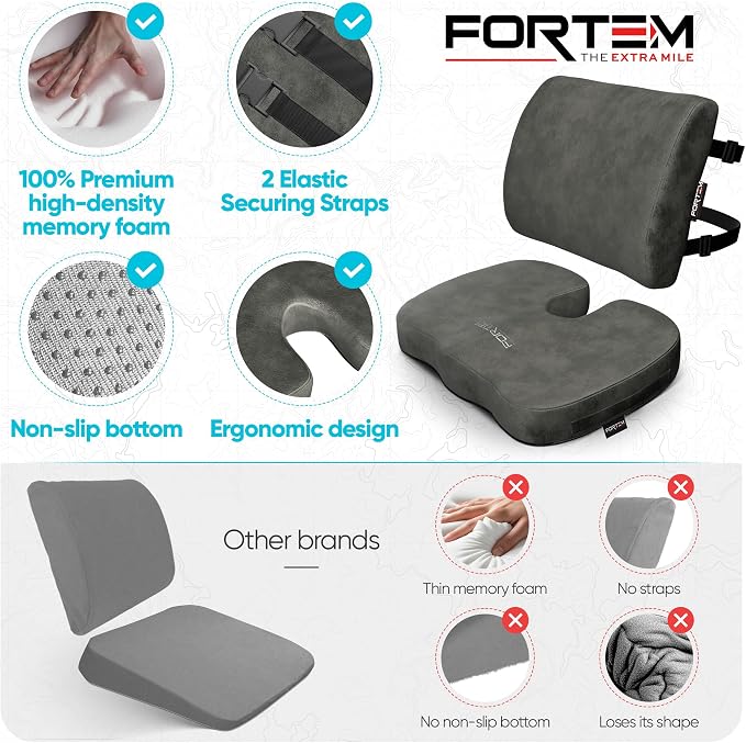 FORTEM Seat Cushion, Office Chair Cushion, Lumbar Support Pillow for Office Chair, Memory Foam Car Seat Cushions, Sciatica Coccyx Tailbone Pain Relief, Cushions for Back Support, Washable, Non Slip