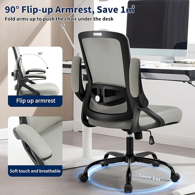 Ergonomic Office Chair, Desk Chair with Adjustable Lumbar Support, Breathable Mesh Comfy Computer Chairs with Flip-up Armrests Executive Task Chair for Adults Home Office (Dark Gray)