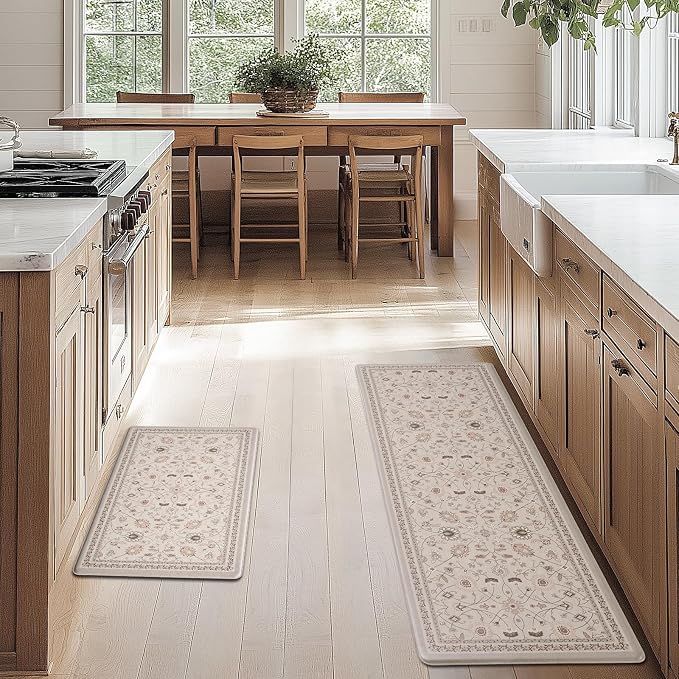 FRESHMINT Vintage Floral Kitchen Mat 2 Pack, 17x30''+17x47'', Natural Beige | Anti-Fatigue, Non Slip, Comfort, Kitchen Decor, Easy to Clean, Waterproof, Perfect for Kitchen, Laundry, Office