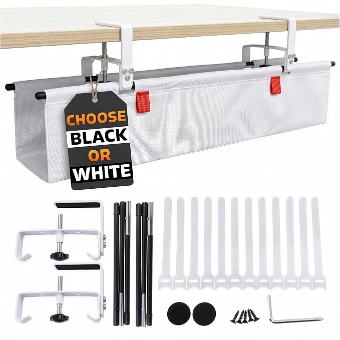 Under Desk Cable Management Tray 28" — No Drill Clamp-On Cord Organizer for Desk with Built-in Ties, Heavy Duty Metal Clamp, Foldable 600D Oxford Fabric for Home Office, WFH & Gaming PC Setup (White)