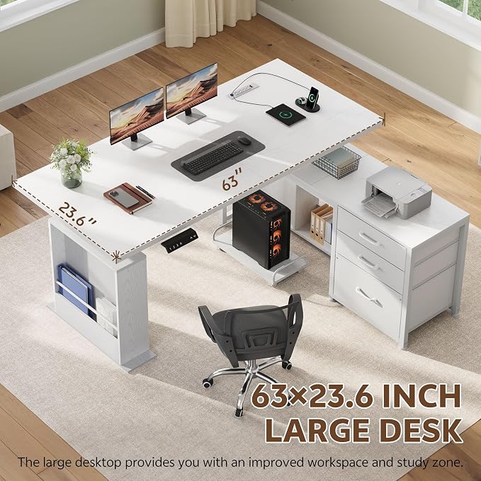 63 Inch L Shaped Desk with 3 Drawers Electric Standing Desks with Storage Computer Table Adjustable Height with Power Outlets 4 Memory Presets for Home Office, White