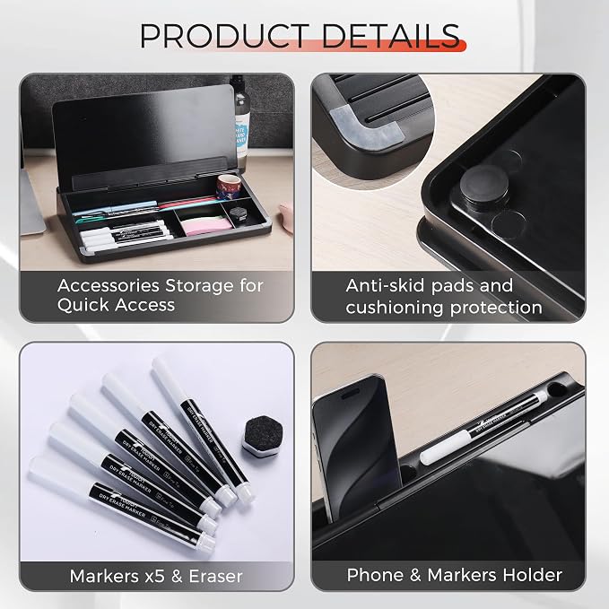 TOWON Small Compact Glass Desktop Whiteboard with Storage – 12 x 7 in Dry Erase Board for Desk, Home Office, School | Includes 5 Markers, Eraser & Holder | Space-Saving Organizer, Aesthetic Black