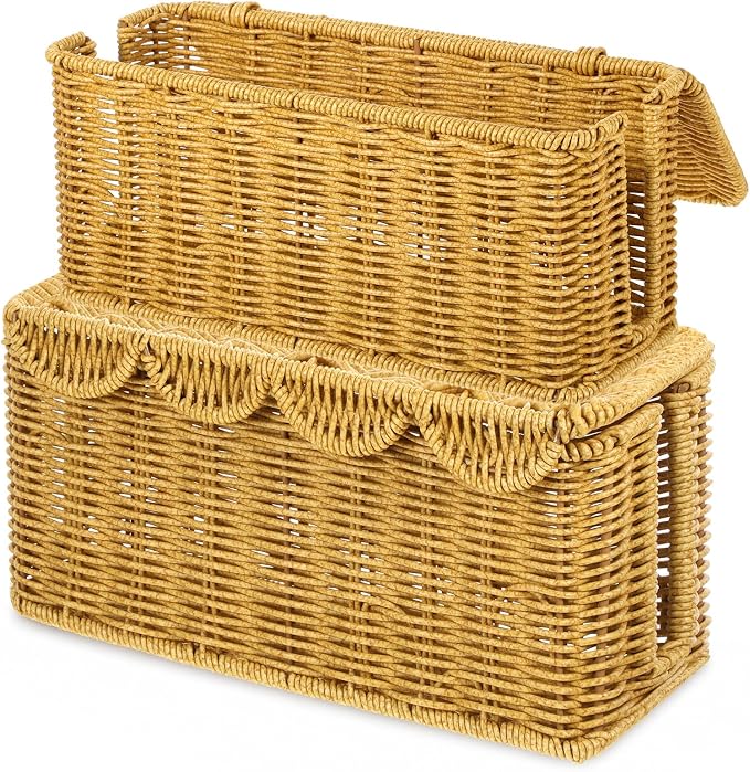 2PCS Cable Management Box, Handwoven Imitation Rattan Cord Organizer, Handmade Rattan Cable Organizer Wire Hider Box, Open Slots Cords Hider BoxCord Basket Under Desk Cord Organizers