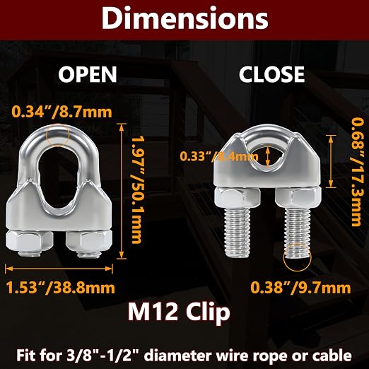 4PCS 1/2 Inches M12 Stainless Steel Wire Rope Clips Cable Clamps | Corrosion resistant,antirust,easy to install,suitable for 3/8" - 1/2" diameter wire rope or cables